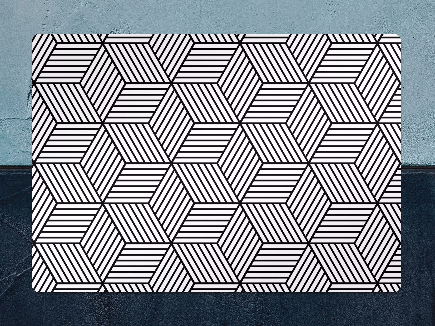 Geometric Cube Chair Mat, Black Vinyl Floor White Protective Art Deco Splat Office Decor, Decorative Kids Room Rug