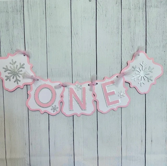 Winter Onederland High Chair Banner, First Birthday Silver & Pink Snowflake