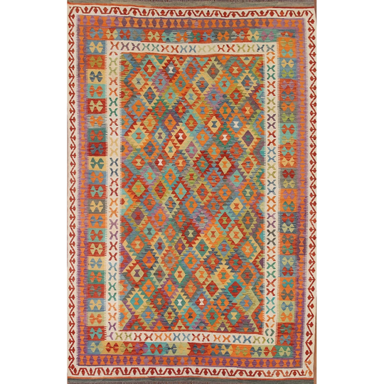 Colorful Kilim Oriental Area Rug Geometric Flat-weave Wool Carpet - 8'0" x 11'3"