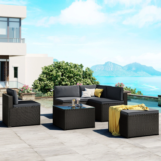 6-Piece PE Rattan Wicker Removable Cushions Outdoor Furniture Set, Patio Garden Sectional Sofa with Coffee Table