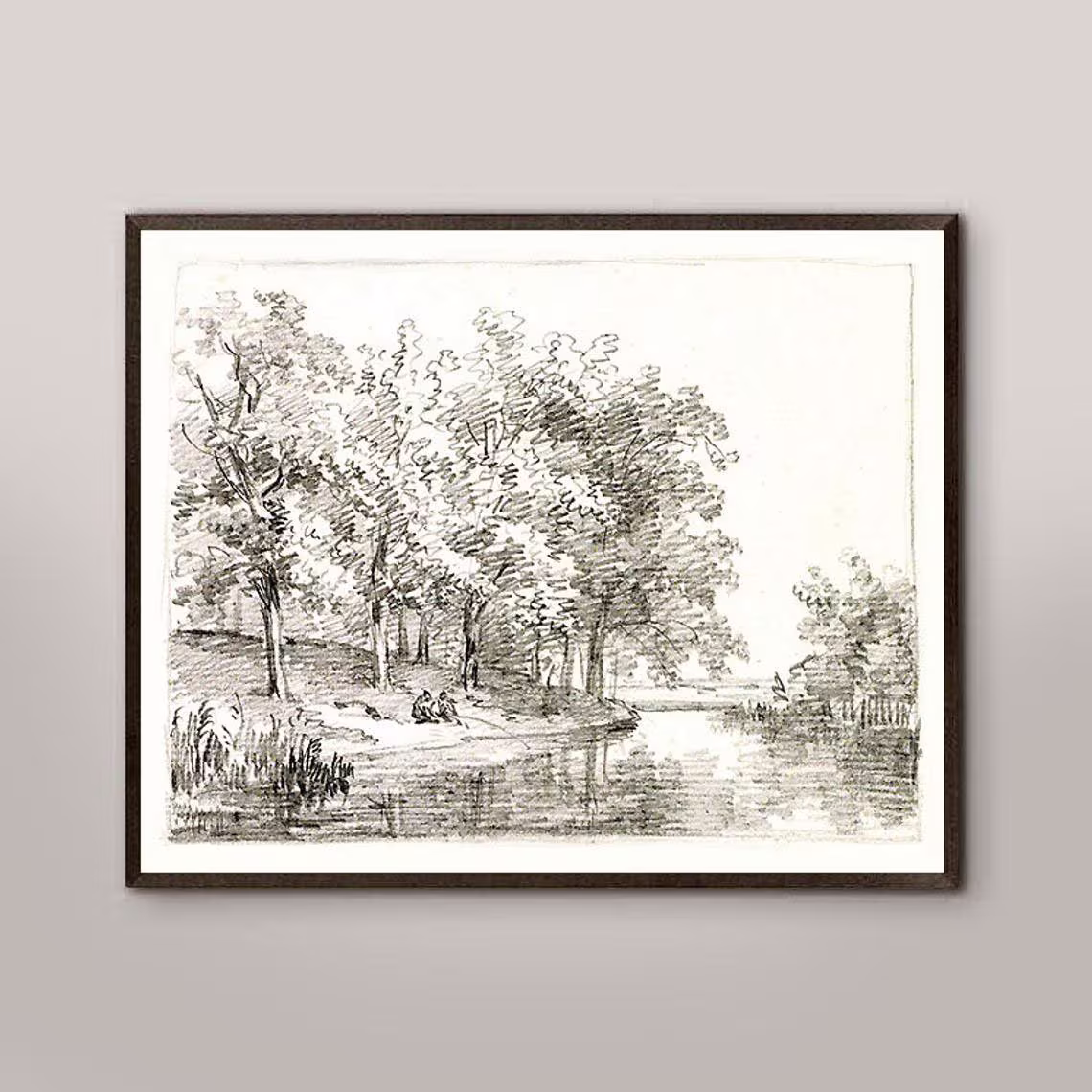 Pencil Sketch Landscape Art Print, Home Decor, Landscape Vintage Drawing, Neutral Lake House