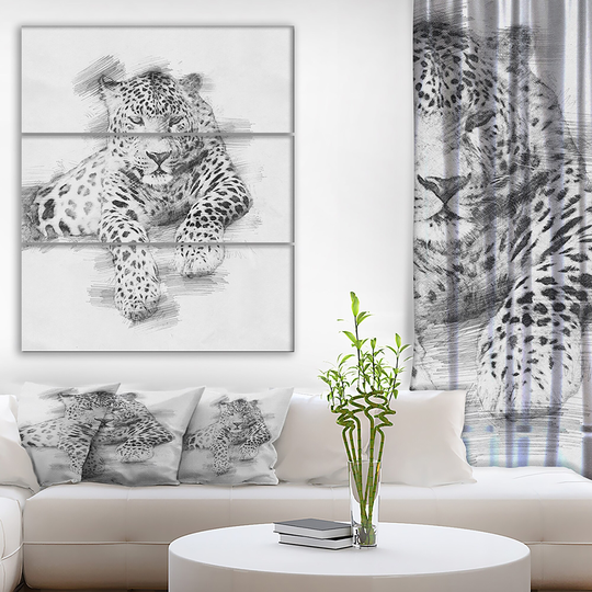 Designart 'Black and White Leopard Pencil Sketch' Animals Print on Wrapped Canvas set - 28x36 - 3 Panels