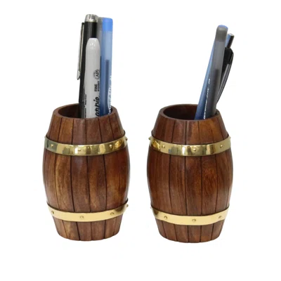 Set of Two Decorative Wine Barrel Shaped Wooden Pen Holder