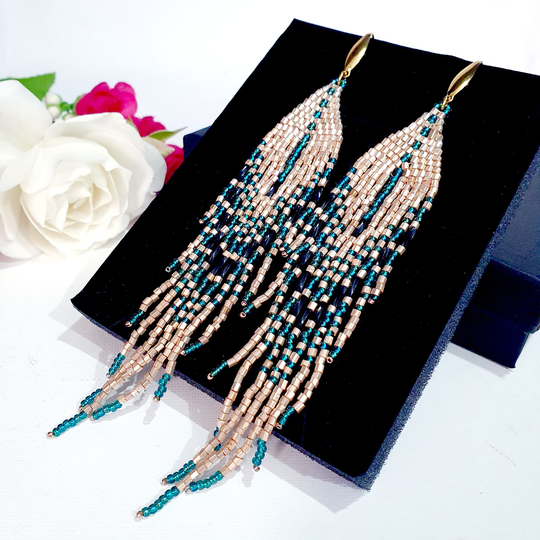 Gold Color Beaded Earrings/5.5 Inches Long Fringe Earrings/Gold, Black, Emerald Green Colors, Rich Cocktail Earrings, Trend 2022 Jewelry