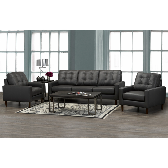 Gunner Mid Century Modern Dark Grey Top Grain Italian Leather Tufted Sofa and Two Chairs