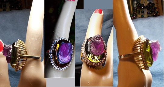1 Amethyst Cameo in Alexandrite Colorful Rhinestone Ring Tiara, Hanging Tendrils, 1910 Face Forward Gold Plated 925 Ring Size 8 Ooak