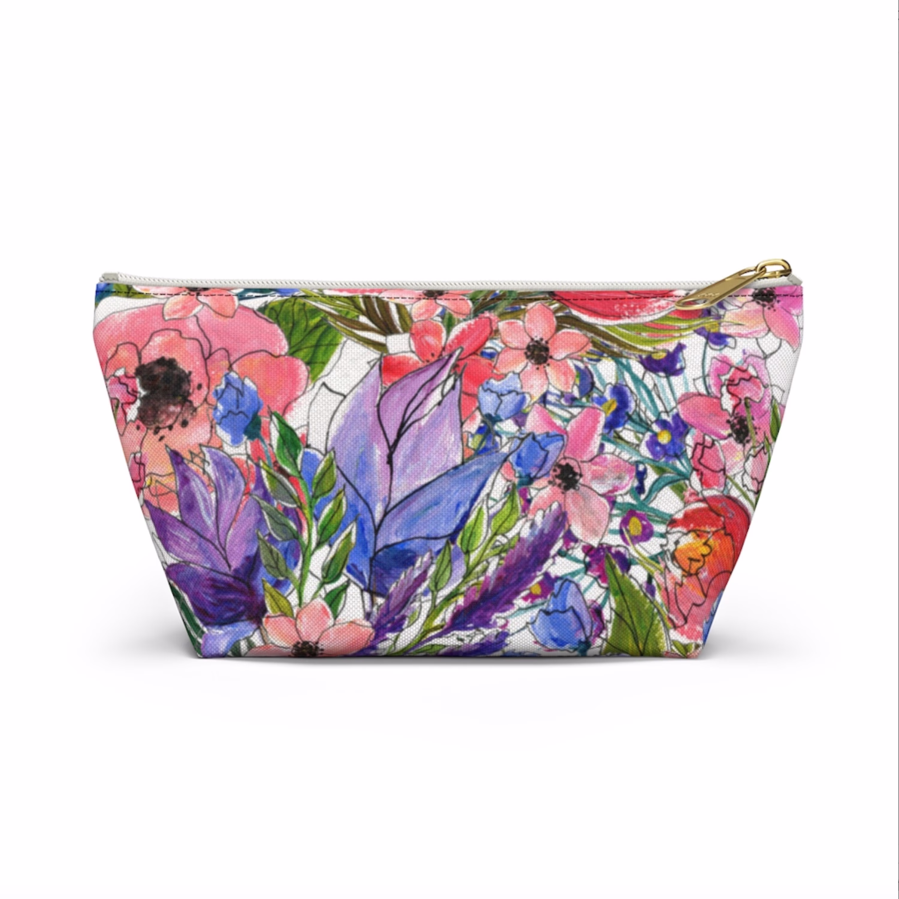 Sketch Floral Print Zippered Pouch, Bright/Colorful Pattern, Cosmetics/Pencil/Make-Up Organizer/Bag, Flowers/Flower Pink/Purple/Green Peony