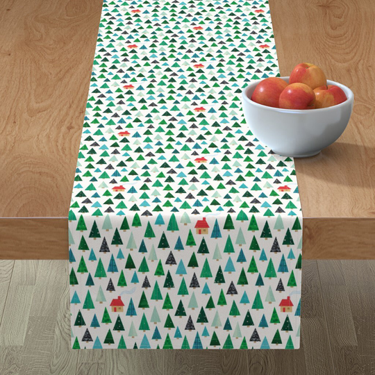 Pine Trees Table Runner - Festive Forest By Rocketandindigo Green Tree Winter Snow Woods Cotton Sateen Spoonflower