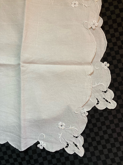 Linen Table Runner . Handsewn Cut Out Lace White On