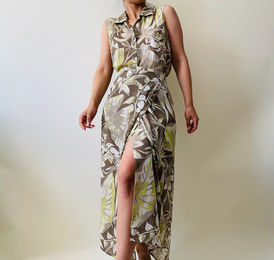 Vintage Summer Skirt Set | Button Down Sleeveless Blouse, Maxi Wrapped Pencil Skirt, Safari Pattern