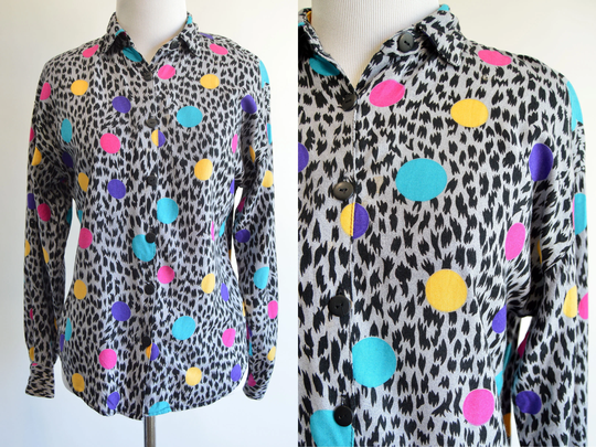 Cute Party Shirt Long Sleeve Button Up Grey Black With Large Colorful Polka Dots Vintage 1980S 1970S Collared Small Medium
