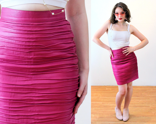 80S "Cache" Fuchsia Leather Skirt Xs, Vintage Italian Shirred Buttery Soft Pencil Mini, Extra Small