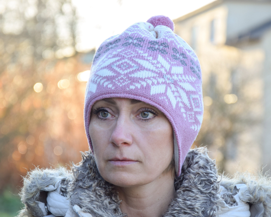 Knitted Skiing Winter Hat With Ear Flops Woolen Nordic Fair Isle Pattern Pink Beanie For Women Selbu Stars Unique Icelandic Cap