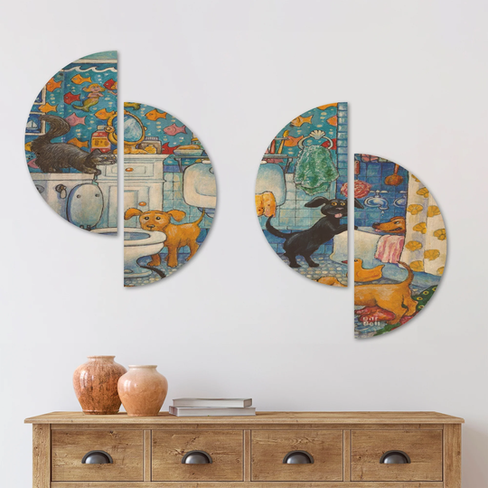 Designart 'More Bathroom Pups' Vintage Wood Wall Art Set of 4 Half Circles - Multi-Color