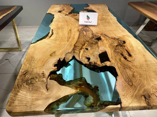 Custom Epoxy Resin Table, Natural Wood Slab Live Edge Handmade Blue River Dining Light