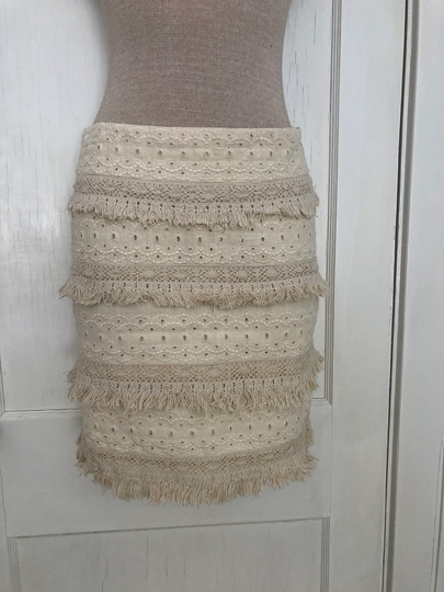 White Boho Fringe Skirt, Size 2 Short Pencil Skirt With Lacey Eyelet, By Anthropologie