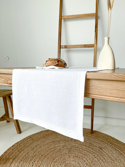 Hemstitched Linen Table Runner in White, Fall Runner, Coffee Vintage Farmhouse Table, Dresser
