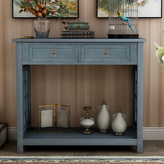 Console Table with 2 Drawers and Bottom Shelf, Sofa Table Antique Navy