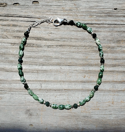 Tree Agate & Jasper Gemstone Adjustable Anklet, Green White Stone Anklet