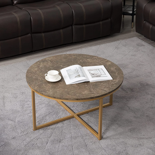 31.5 Inch Round Coffee Table Cross Legs Coffee Table with Metal Base, Glass Top with White Marble Color Printed and Golden Frame
