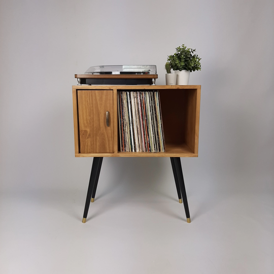 Oak Sideboard With Brass Handle Black 1950S Legs | Small Solid Wood Record Storage Console Classic Style Modernist Furniture