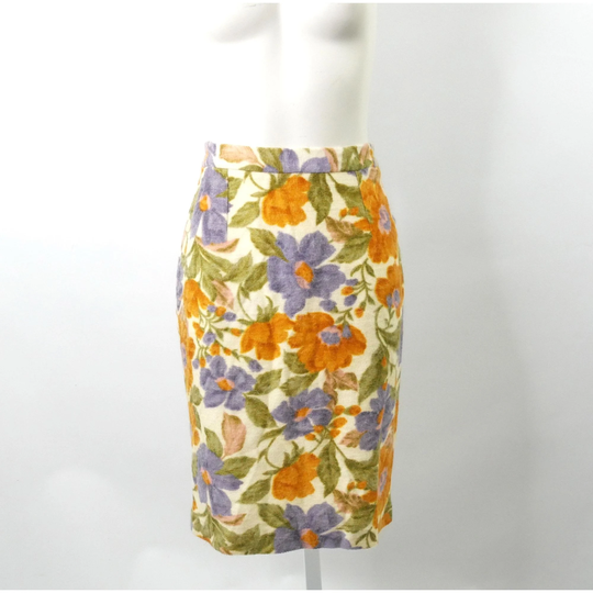 Floral Pencil Skirt Xs 26 Waist 60S Vintage Wool Bold Flower Print