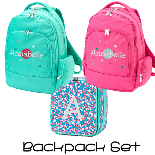 Personalized Kids Backpack, Embroidered Monogrammed Lunch Box, Lunchbox Pencil Bag in Confetti Dots