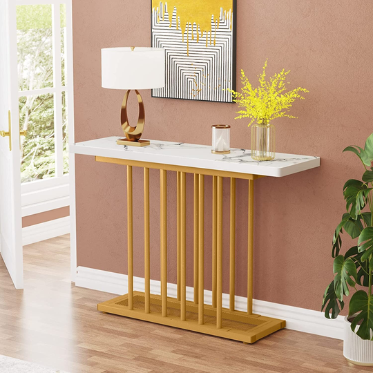 Modern Console Table, 39" White Gold Faux Marble Wooden Entryway Table