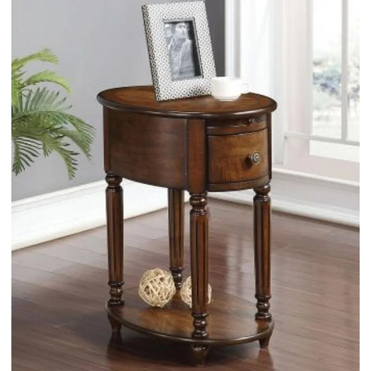 Peniel Oval Side Table with Drawer & Bottom Shelf in Brass Dark Oak