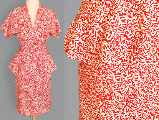 Real 1980S Two Piece Skirt Suit S Small Size 6 Waist 29" Bust 44" Women's 80S Vintage "Jr Too' Peplum Top & Pencil Dress Set