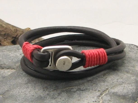 Unisex Leather Bracelet. Multi Strap Black Wrap Braclet With Coral Color Yarn & Silver Plated Clasp. Leather Bracelet For Gift