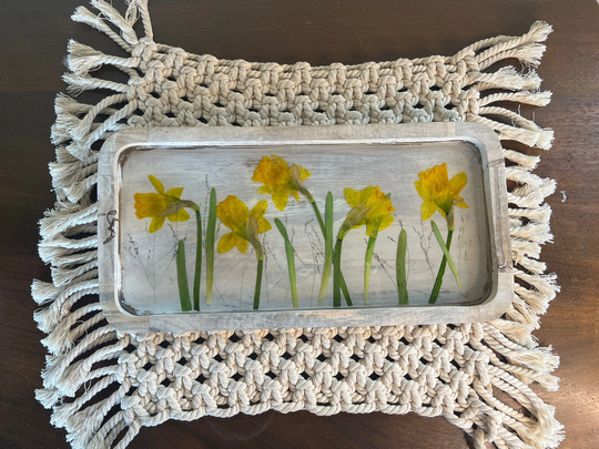 Farmhouse Daffodil Tray, Spring Decor, Easter Table Serving Tray For Easter, Real Pressed Flowers, Nature Lover, Jewelry