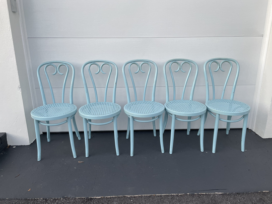 Set Of 5 Blue Cane Bent Wood Dining Chairs/Thonet Style Mid Century