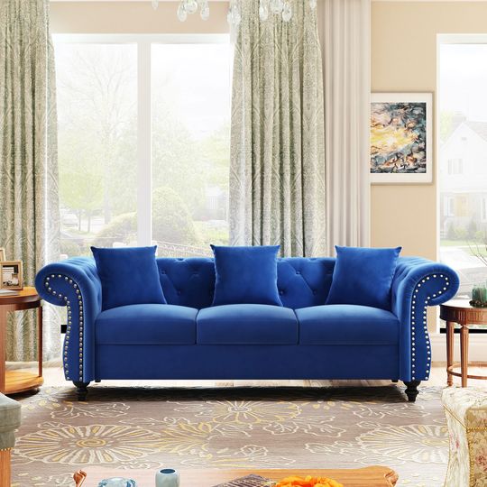 Tufted Upholstered Chesterfield Sofa, 3-Seater Sofa with 3 Pillows