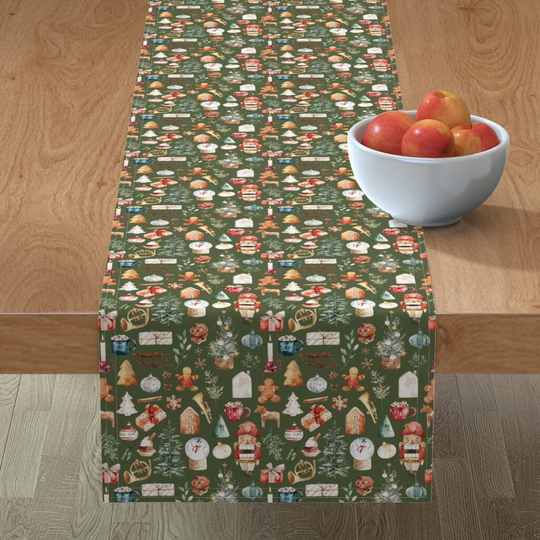 Holiday Icona Table Runner - Christmas Wonder By Hipkiddesigns Olive Green Cotton Sateen Spoonflower