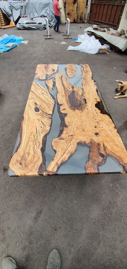 Olive Wood Epoxy Table, Custom 84" X 40" Clear Dining Order For Rayanne