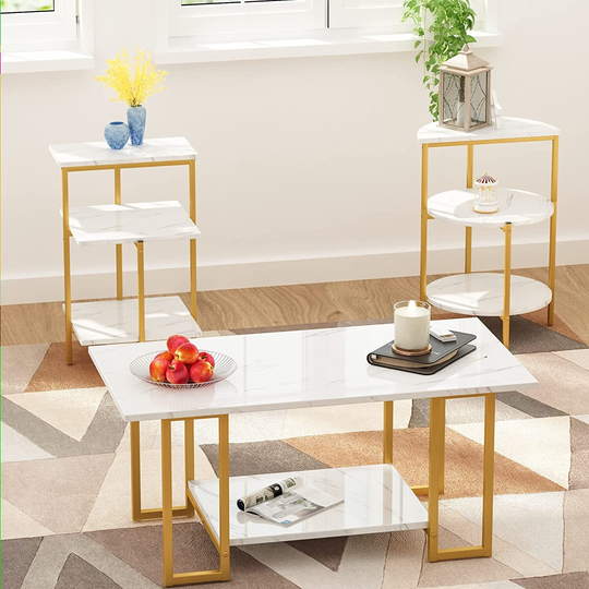3 Piece Coffee Table Set for Living Room, 1 Coffee Table & 2 Side Table, Modern Faux Marble Table Set, Living Room Furniture
