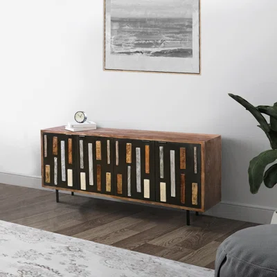 62 Inch Mango Wood Sideboard Buffet, 4 Doors And Multi Tone Molded Trim, Grayish Brown