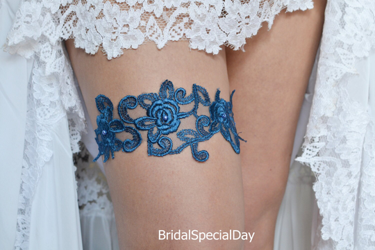 Teal Blue Lace & Pearls Wedding Garter Set