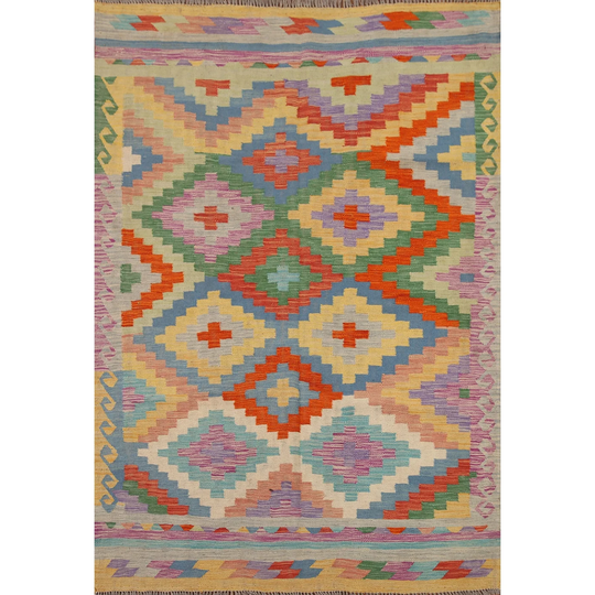 Colorful Kilim Reversible Area Rug Hand-woven Wool Carpet - 4'10" x 6'5"