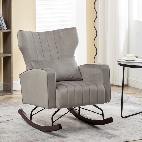 Grey Velvet Upholstered Rocking Chair with with Solid Metal Legs