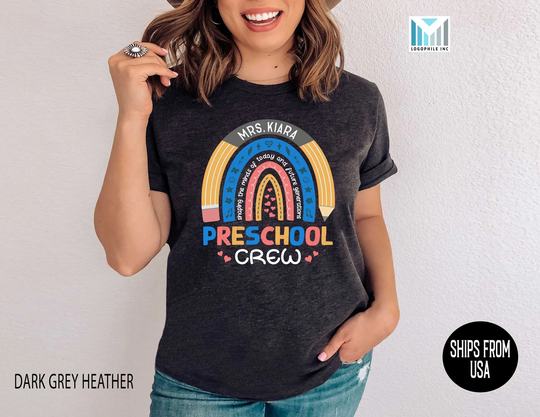 Custom Preschool Teacher Shirt, Personalized Crew Pencil Rainbow Tshirt, Plus Size Kindergarten Tee, Cute Pre K Squad Gift