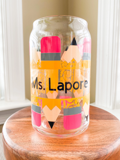 Teacher Personalized Pencil Beer Can Glass, Cup, Iced Coffee Glass