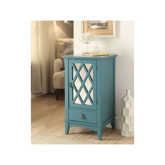 Storage Cabinet in Teal, Contemporary & Casual Side Table, Mirror Door with 1 Shelf, Wooden Tapered Leg