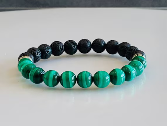 Malachite Bracelet, Black Lava Rock Stretch 8mm Grade Aaa+ Beads, Men's Meditation Bracelet