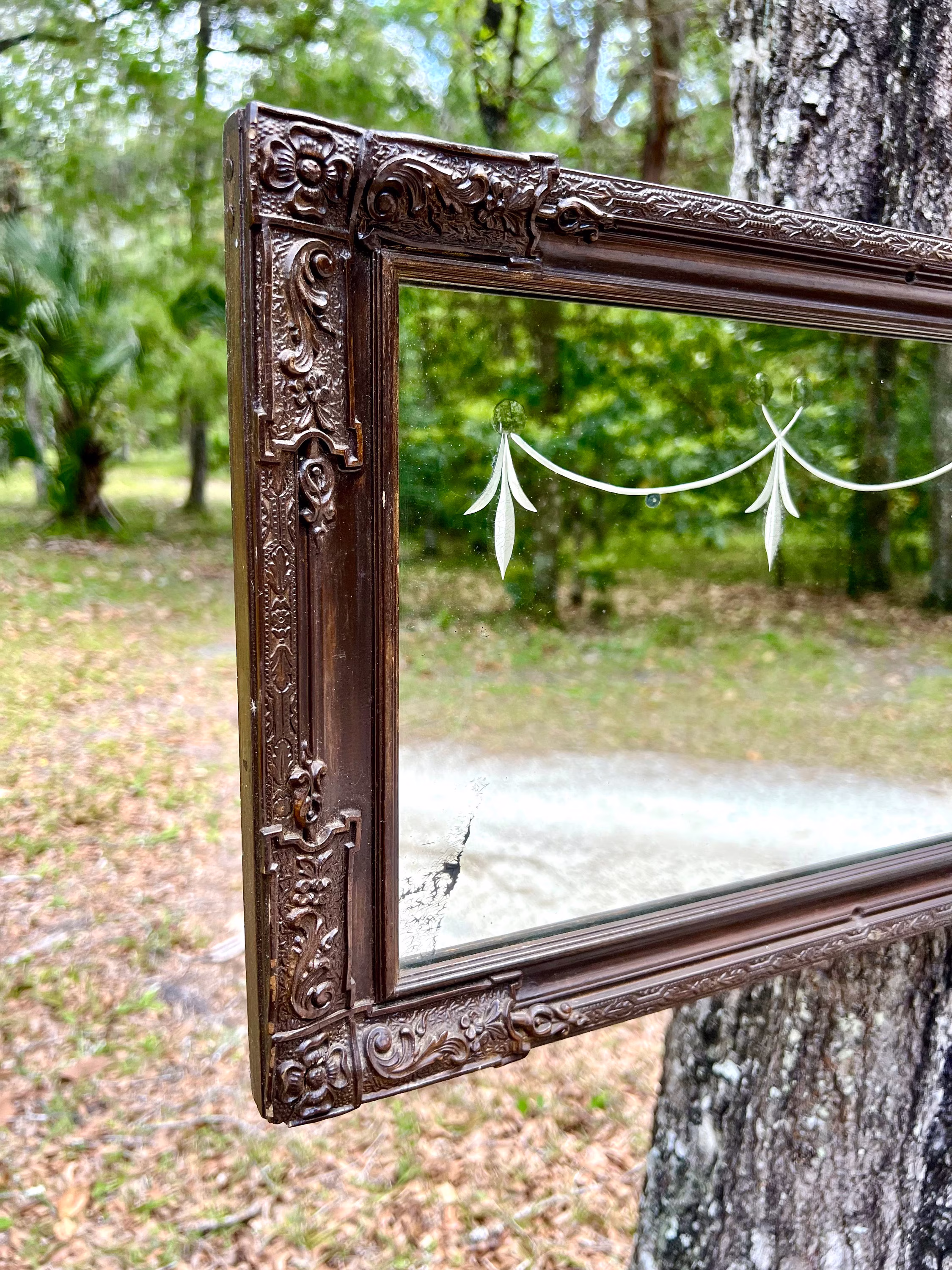 Antique Sideboard Mirror Etched 3 Panel Art Nouveau Neoclassical Gesso On Wood Bronze Mantle Rectangular Frame Entryway Sofa