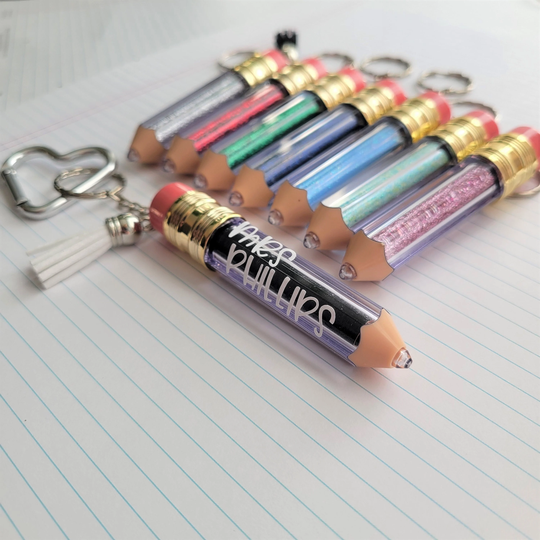 Personalized Teacher Name Colored Acrylic Pencil Keychain With Tassel & Carabiner, Appreciation Gift, Backpack Tag, Personalization
