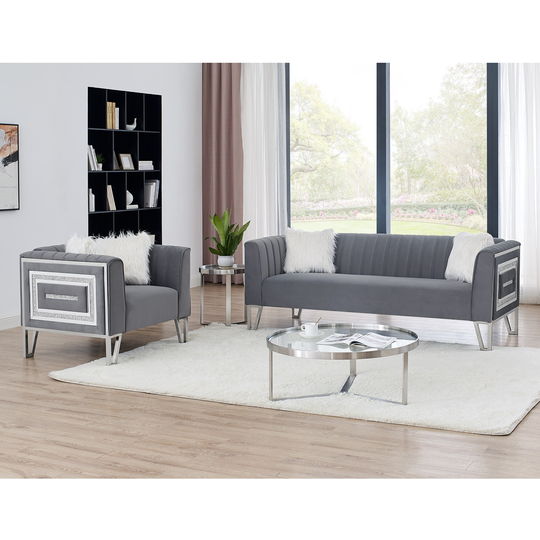 2 Piece Sofa Set, Including 3-seater Sofa and Sofa Chair, Four White Villose Pillow