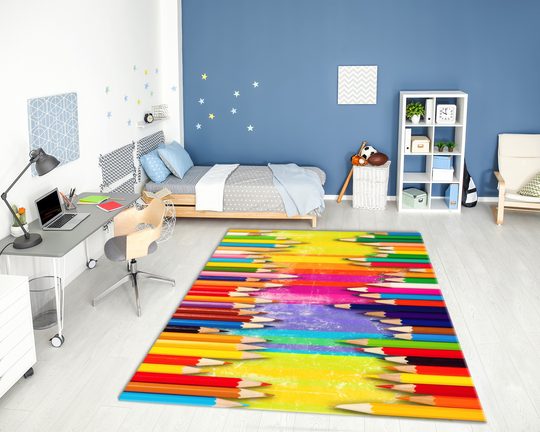 Vibrant Multicolored Pencils Printed Area Rug Machine Washable Gift For Kids Room