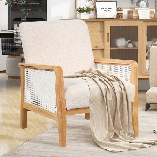 Mid-Century Accent Chair,Teddy Short Plush Particle Velvet Armchair, Rattan Mesh, Solid Frame, for Living Room,Bedroom,Studio
